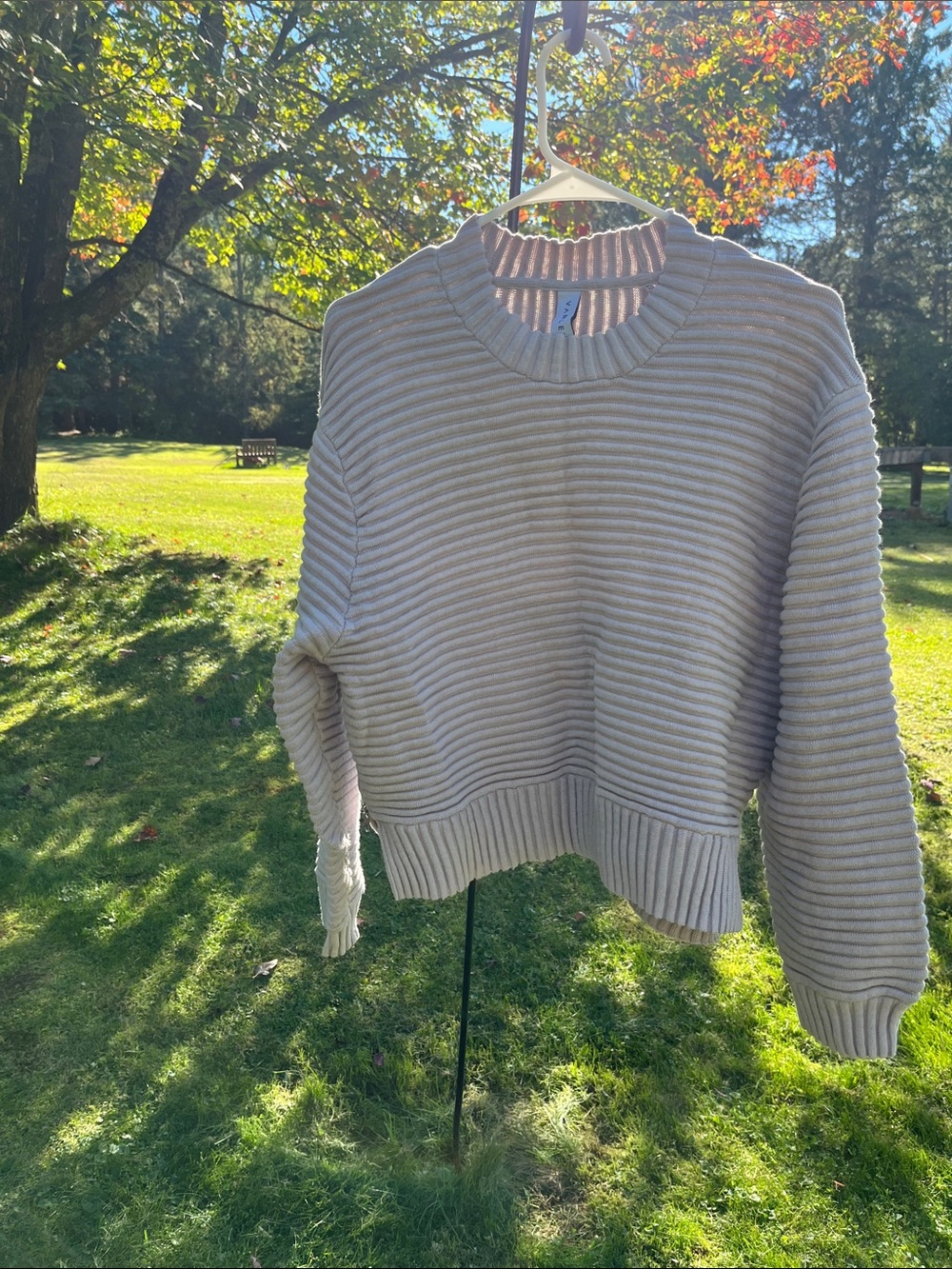 Varley Cream Ribbed Crew Sweater